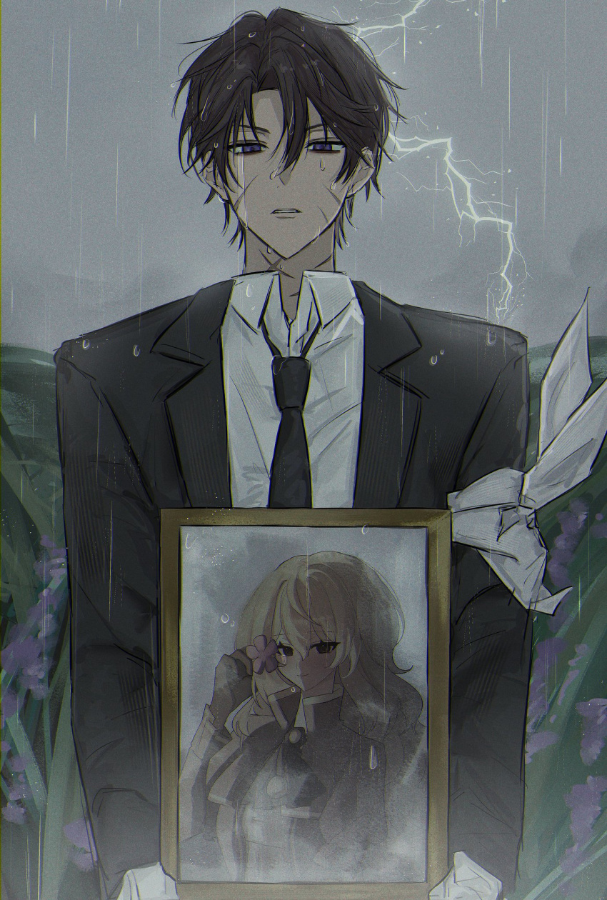 1boy, 1girl, armband, bandaged_arm, bandages, black_suit, blonde_hair, brown_eyes