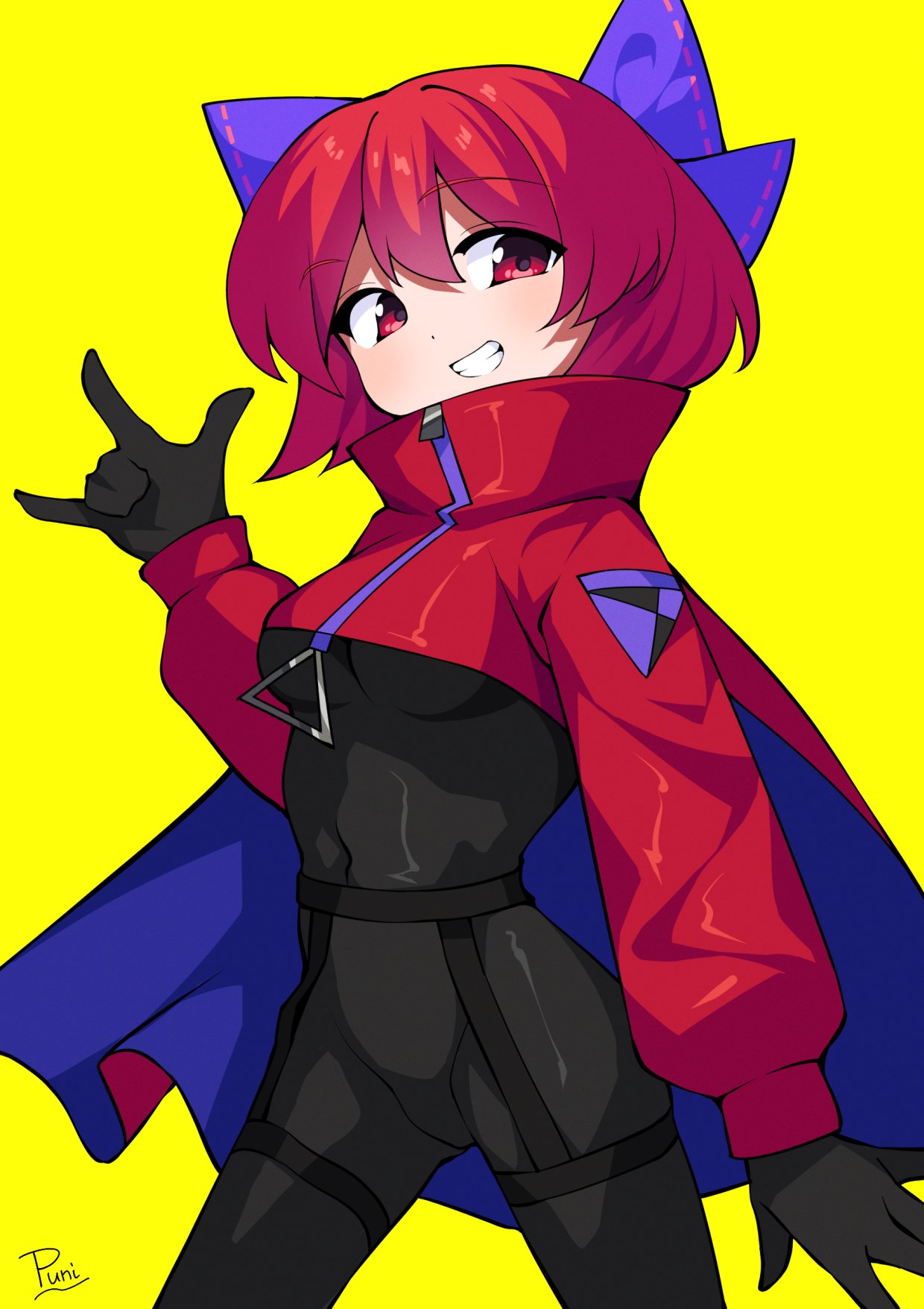 1girl, adapted_costume, akatsuki_records, black_bodysuit, black_gloves, bodysuit, bow, breasts