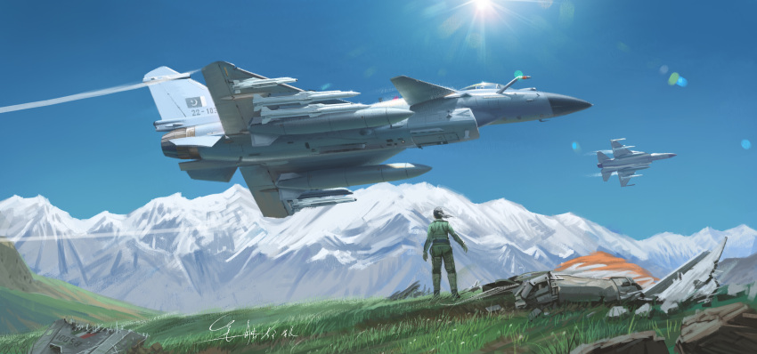 1girl, absurdres, aerial_battle, aircraft, airplane, battle, blue_sky, chengdu_j-10