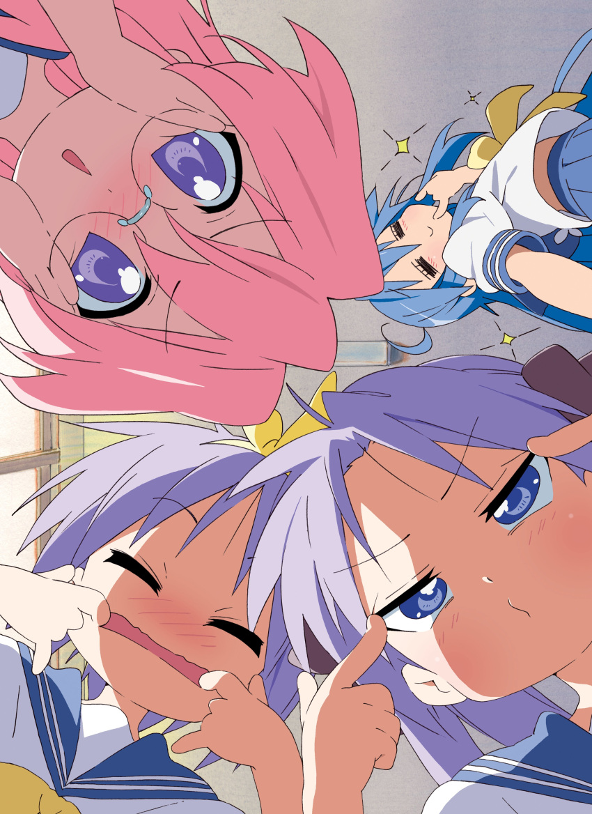 2000s_(style), 4girls, :o, \n/, absurdres, blue_hair, blue_sailor_collar, blush, bow, ceiling, circle_formation, closed_eyes, copyright_name, cover, dot_nose, dvd_cover, from_below, glasses, grimace, hair_bow, hair_ribbon, hands_on_own_cheeks, hands_on_own_face, hands_up, highres, hiiragi_kagami, hiiragi_tsukasa, horiguchi_yukiko, izumi_konata, long_hair, looking_at_viewer, looking_down, lucky_star, making_faces, midriff_peek, multiple_girls, neckerchief, official_art, parted_bangs, perspective, pink_hair, purple_hair, ribbon, round_eyewear, ryouou_school_uniform, sailor_collar, school_uniform, serafuku, short_hair, short_sleeves, smile, standing, straight_hair, takara_miyuki, tsurime, v-shaped_eyebrows, violet_eyes, yellow_bow, yellow_neckerchief