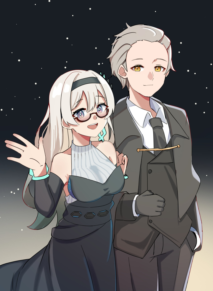 1boy, 1girl, absurdres, black_dress, black_gloves, black_hairband, black_necktie, black_pants