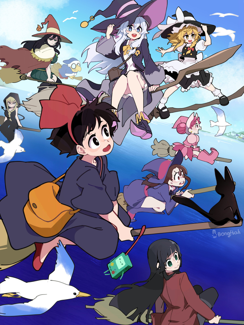 absurdres, animal, bird, black_cat, black_dress, black_hair, blonde_hair, bmo