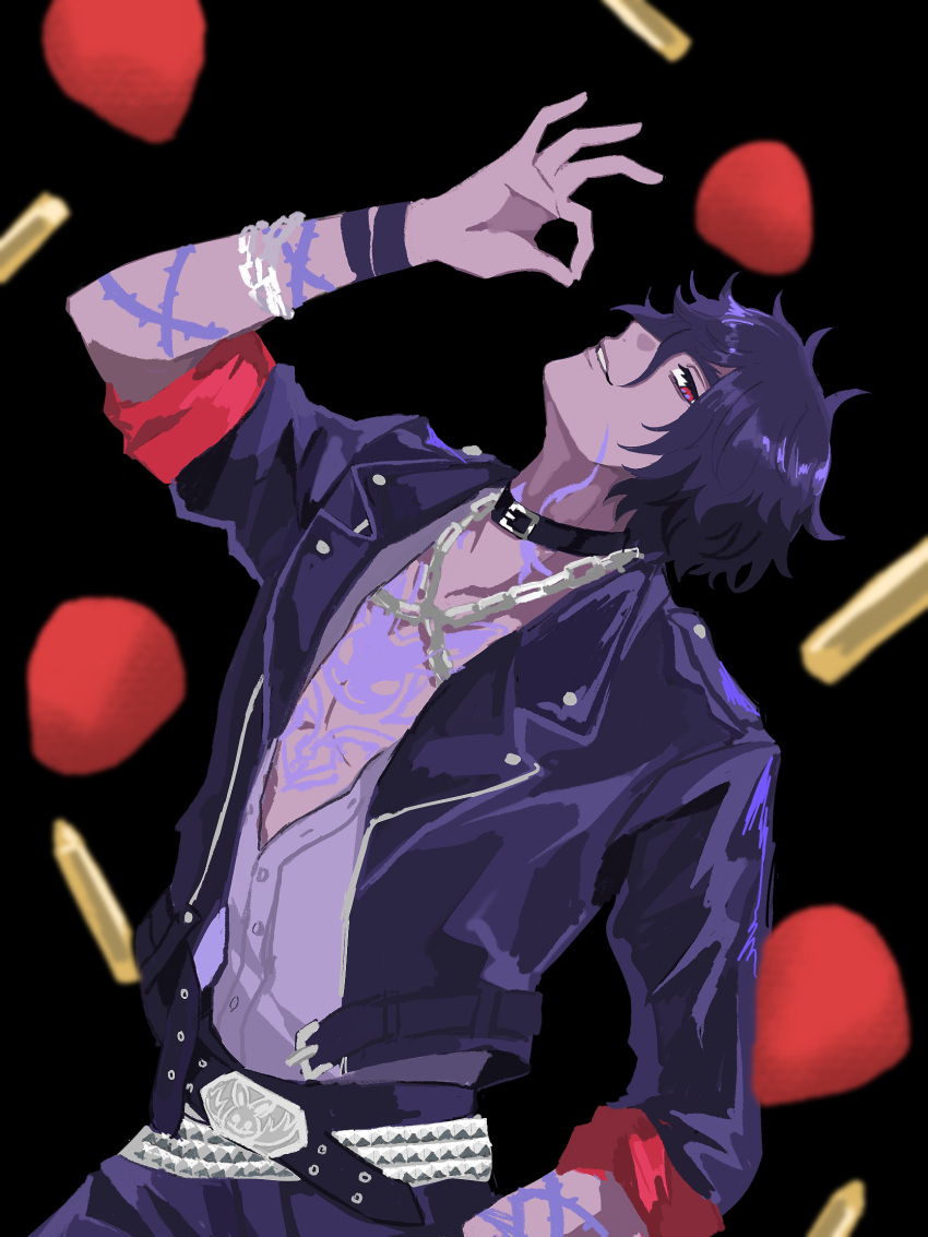 1boy, arm_tattoo, belt, black_background, black_belt, black_choker, black_hair, black_jacket