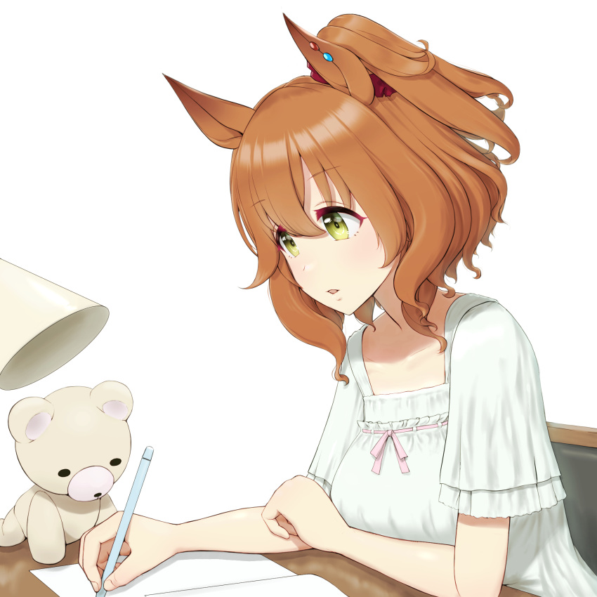1girl, animal_ears, aston_machan_(umamusume), brown_hair, concentrating, dress, ear_piercing, green_eyes
