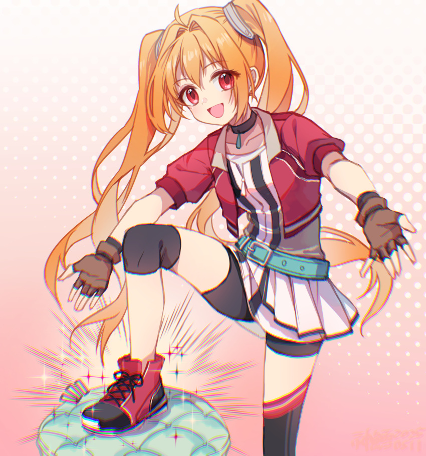 1girl, absurdres, ahoge, antenna_hair, bike_shorts, brown_gloves, brown_hair, cropped_jacket, double-parted_bangs, eiyuu_densetsu, estelle_bright, fingerless_gloves, floating_hair, front_zipper, gloves, gradient_background, hair_between_eyes, hair_intakes, highres, long_hair, looking_at_viewer, open_mouth, pendant_choker, pink_background, red_eyes, shoes, short_sleeves, sideburns, simple_background, skirt, smile, sneakers, solo, sora_no_kiseki, twintails, willfin