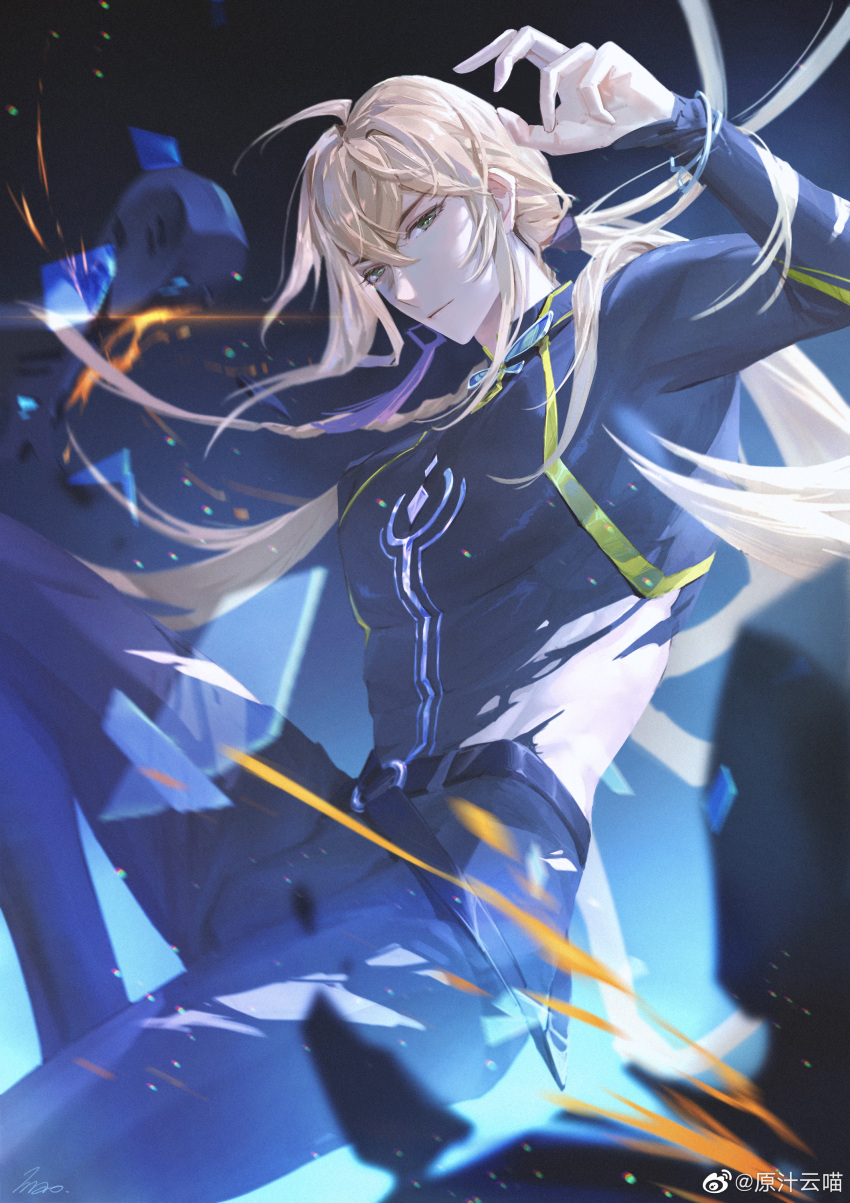 1boy, absurdres, ahoge, alkaid_mcgrath, alkaid_mcgrath_(deimortem_era), attack, belt, black_belt, black_pants, black_shirt, blonde_hair, broken, broken_glass, brooch, chinese_commentary, closed_mouth, compression_shirt, earrings, expressionless, feet_out_of_frame, glass, glass_shards, green_eyes, hair_between_eyes, hair_flowing_over, hand_up, highres, humanoid_robot, jewelry, knee_up, light_particles, long_hair, long_sleeves, looking_at_viewer, lovebrush_chronicles, low_ponytail, male_focus, pants, ponytail, robot, shirt, sideways_glance, single_earring, sleeves_past_wrists, solo, tassel, tassel_earrings, torn_clothes, torn_pants, torn_shirt, very_long_hair, yellow_blood, yunmaojan
