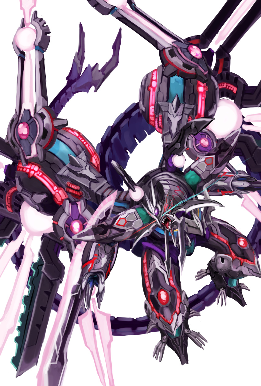absurdres, armor, blade_horns, collar, dragon, duel_monster, dutch_angle, eye_beam, highres, niziko, non-humanoid_robot, odd-eyes_rebellion_dragon, open_mouth, robot, studded_collar, white_background, yu-gi-oh!