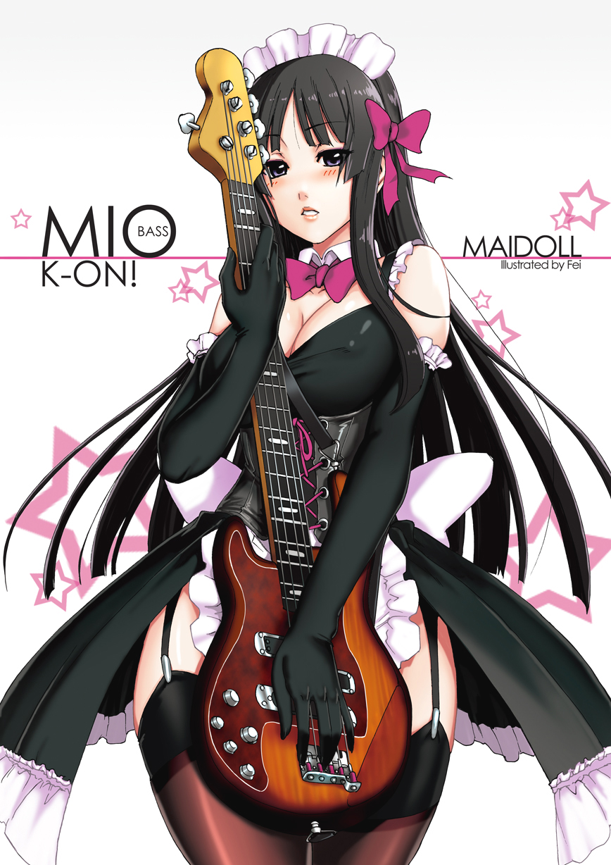 akiyama_mio, bangs, bass_guitar, black_hair, black_legwear, blunt_bangs, blush, breasts