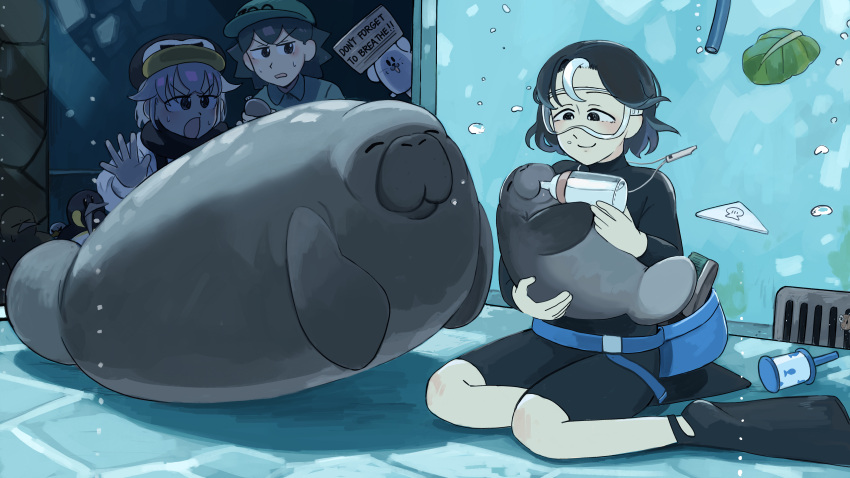 3girls, :o, absurdres, aquarium, baby_bottle, bird, black_hair, black_overalls