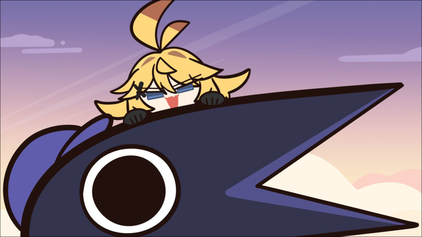 1girl, :d, ahoge, bird, blonde_hair, blue_eyes, blue_hat, chibi