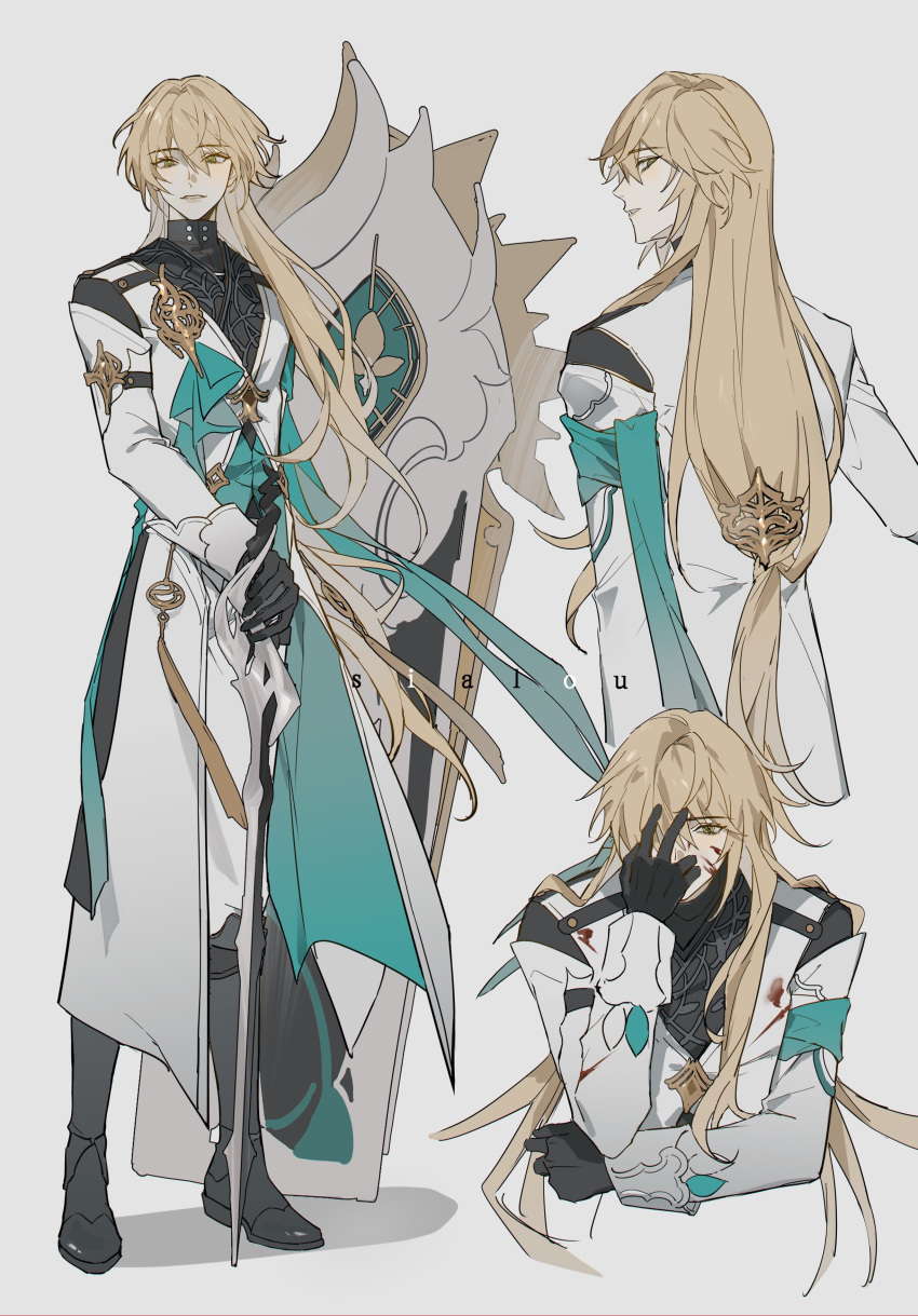 1boy, absurdres, aqua_armband, aqua_vest, armband, artist_name, bishounen, black_boots, black_gloves, black_shirt, blonde_hair, blood, blood_on_clothes, blood_on_face, boots, coat, coffin, commentary_request, covered_mouth, from_behind, full_body, gloves, green_eyes, grey_background, hair_between_eyes, hair_ornament, hand_on_own_face, hand_up, highres, holding, holding_sword, holding_weapon, honkai:_star_rail, honkai_(series), long_hair, long_sleeves, looking_at_viewer, looking_back, low-tied_long_hair, luocha_(honkai:_star_rail), male_focus, multiple_views, pants, rapier, shirt, sialou, simple_background, standing, sword, vest, weapon, white_coat, white_pants