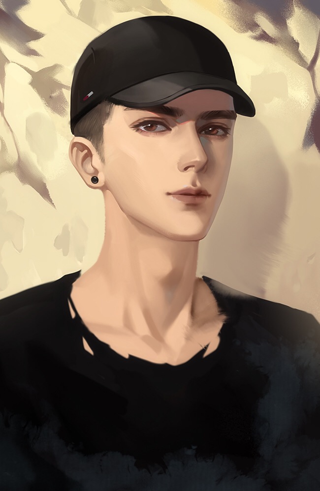 1boy, against_wall, asian, baseball_cap, black_hat, black_shirt, brown_eyes, brown_hair