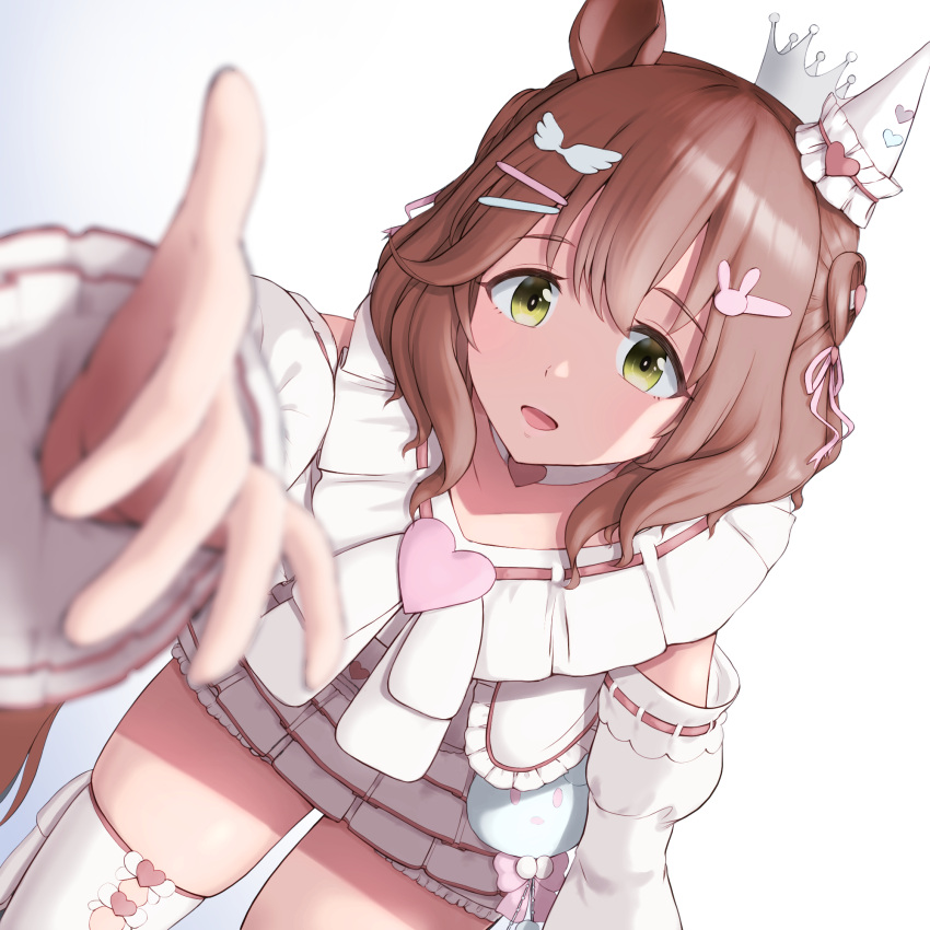 1girl, :d, animal_ears, aston_machan_(everlasting_candy)_(umamusume), aston_machan_(umamusume), bow, brown_hair, crown