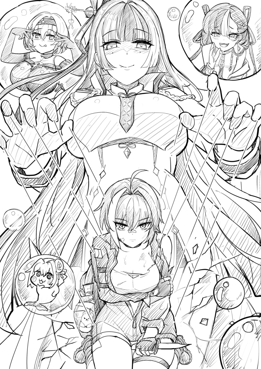 5girls, :p, ahoge, bandaid, bandaid_on_face, bandaid_on_nose, breasts, bubble
