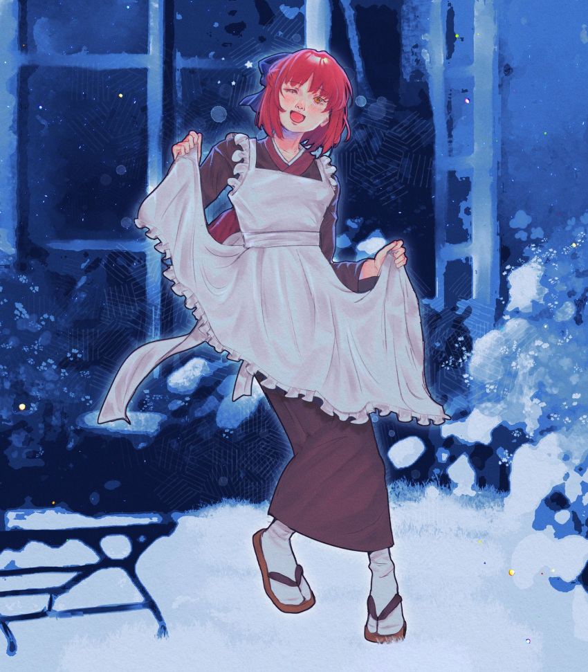 1girl, apron, blue_background, blue_bow, bow, brown_kimono, hair_bow, hedge