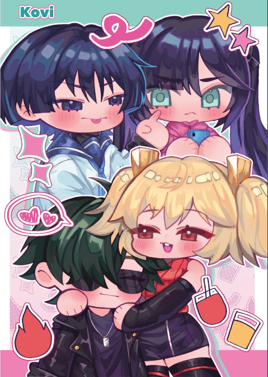 1girl, 2boys, :<, aqua_eyes, artist_name, back_bow, black_hair, black_jacket