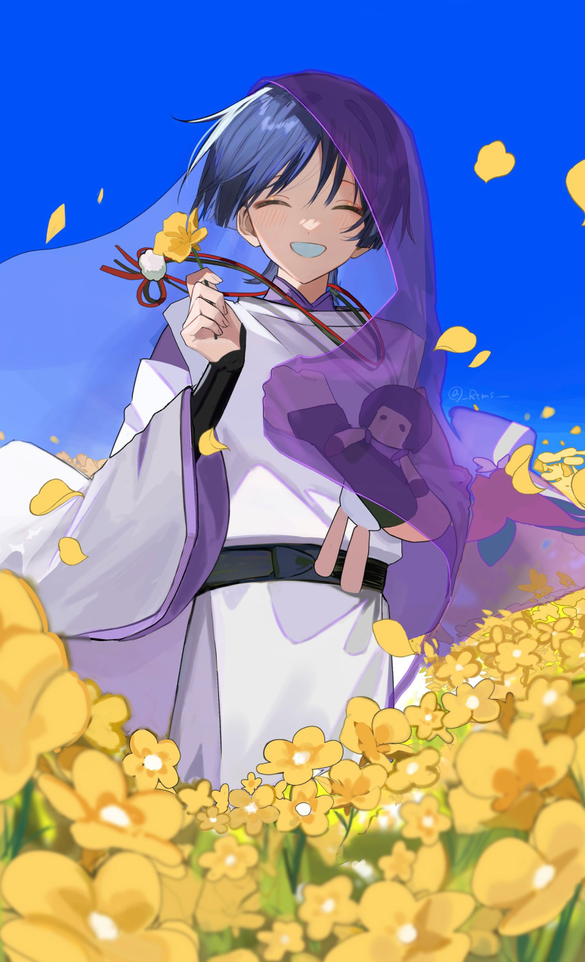 1boy, absurdres, armor, black_bow, black_sash, blue_sky, blunt_ends, blush, bow, clear_sky, clenched_hand, closed_eyes, clothing_cutout, doll, eyelashes, eyeliner, eyeshadow, falling_petals, field, floral_print_veil, flower, flower_field, genshin_impact, grey_hair, hair_intakes, hand_on_own_chest, hand_up, happy, highres, holding, holding_doll, holding_flower, japanese_armor, japanese_clothes, kariginu, kimono, kote, kurokote, layered_sleeves, long_sleeves, makeup, male_focus, open_mouth, pelvic_curtain, petals, pom_pom_(clothes), purple_kimono, purple_sleeves, purple_veil, red_eyeliner, red_eyeshadow, rtms, sash, scaramouche_(genshin_impact), scaramouche_(kabukimono)_(genshin_impact), see-through_clothes, see-through_veil, shoulder_cutout, sky, solo, string, twitter_username, veil, white_mouth, white_sleeves, wide_sleeves, yellow_flower, yellow_petals