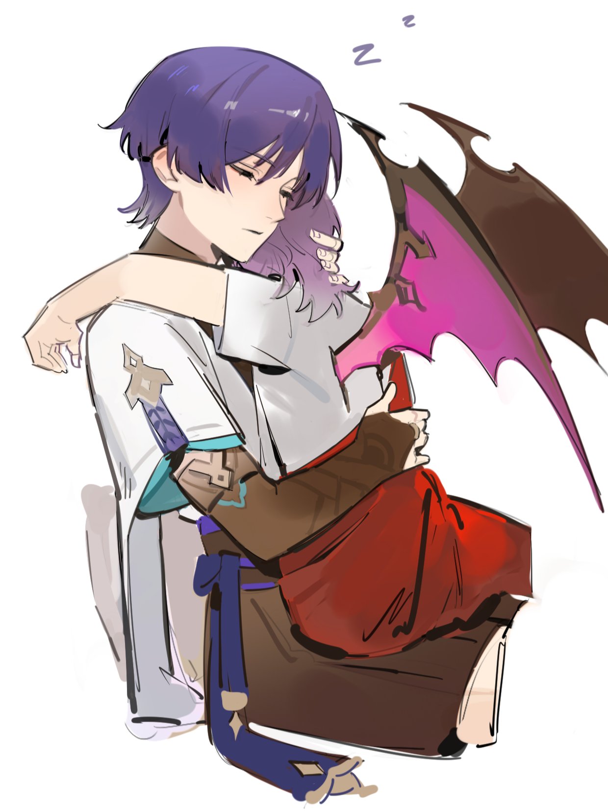 2boys, arm_on_another's_shoulder, black_bridal_gauntlets, black_shorts, blue_sleeves, blunt_ends, bridal_gauntlets, carrying, carrying_person, closed_eyes, closed_mouth, dragon_wings, durin_(genshin_impact), eyelashes, facing_to_the_side, fingernails, furisode, genshin_impact, gold_ring, hand_in_another's_hair, hand_on_another's_back, head_on_another's_shoulder, highres, humanization, japanese_clothes, kimono, layered_sleeves, middle_ring, mini_durin_(genshin_impact), multiple_boys, pink_wings, purple_hair, purple_sash, sash, scaramouche_(genshin_impact), short_sleeves, shorts, sleeping, spiked_wings, spoilers, wanderer_(genshin_impact), wfleow, white_background, white_sleeves, wings, zzz