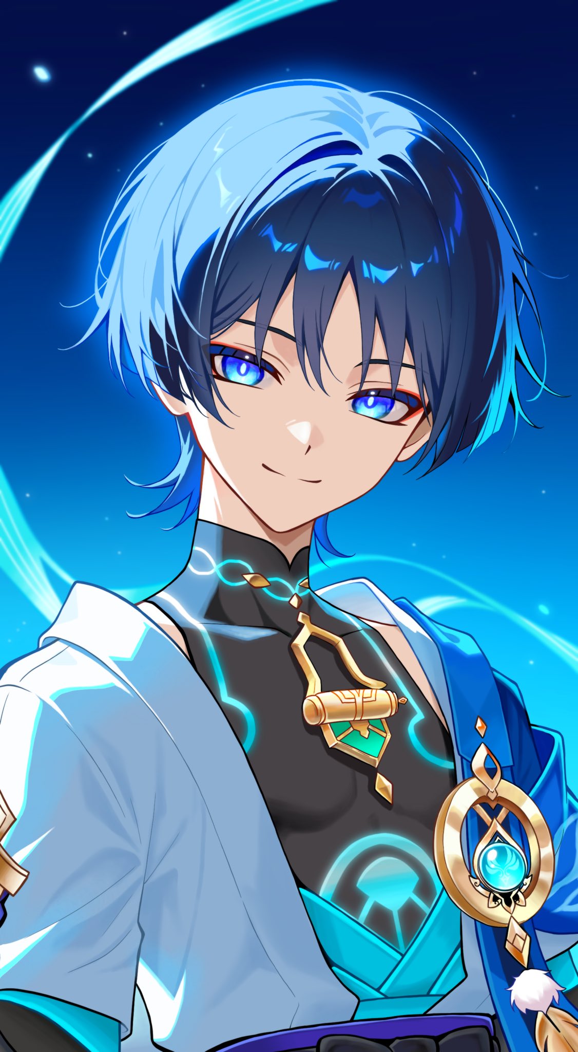 1boy, anemo_symbol_(genshin_impact), arms_at_sides, aura, black_bodysuit, black_bow, black_hair, blue_cape, blue_eyes, blue_gemstone, blue_hair, blue_kimono, blue_sleeves, blue_trim, blunt_ends, bodysuit, bow, bright_pupils, cape, covered_collarbone, feathers, gem, genshin_impact, glowing, glowing_eyes, glowing_markings, gold, highres, japanese_clothes, juban, kimono, layered_sleeves, looking_at_viewer, male_focus, mandarin_collar, open_clothes, open_kimono, pom_pom_(clothes), ren_hasu, scaramouche_(genshin_impact), short_sleeves, shoulder_peek, sidelighting, solo, upper_body, vision_(genshin_impact), wanderer_(genshin_impact), white_kimono, white_pupils, white_sleeves, wind, wispy_bangs, yellow_feathers
