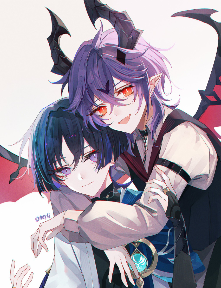 2boys, anemo_symbol_(genshin_impact), arm_belt, armor, arms_around_neck, belt, belt_buckle, bent_over