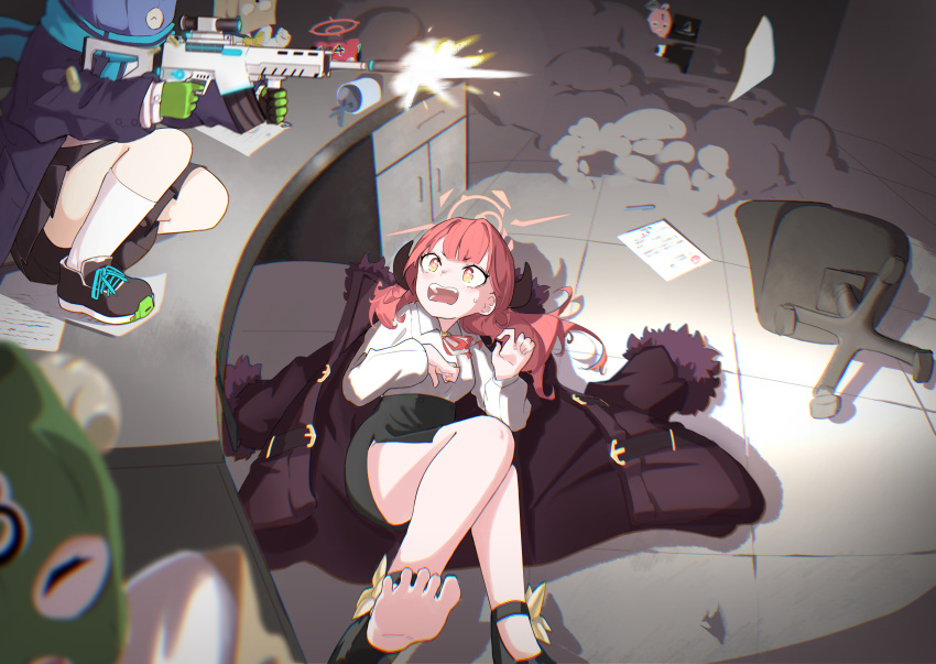 3girls, absurdres, aru_(blue_archive), bat_krub, black_shoes, black_skirt, blue_archive, chair