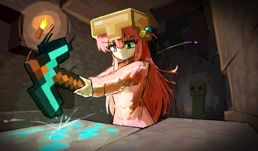 1girl, absurdres, blue_eyes, bocchi_the_rock!, creeper, cube_hair_ornament, diamond_(minecraft), dragonostic