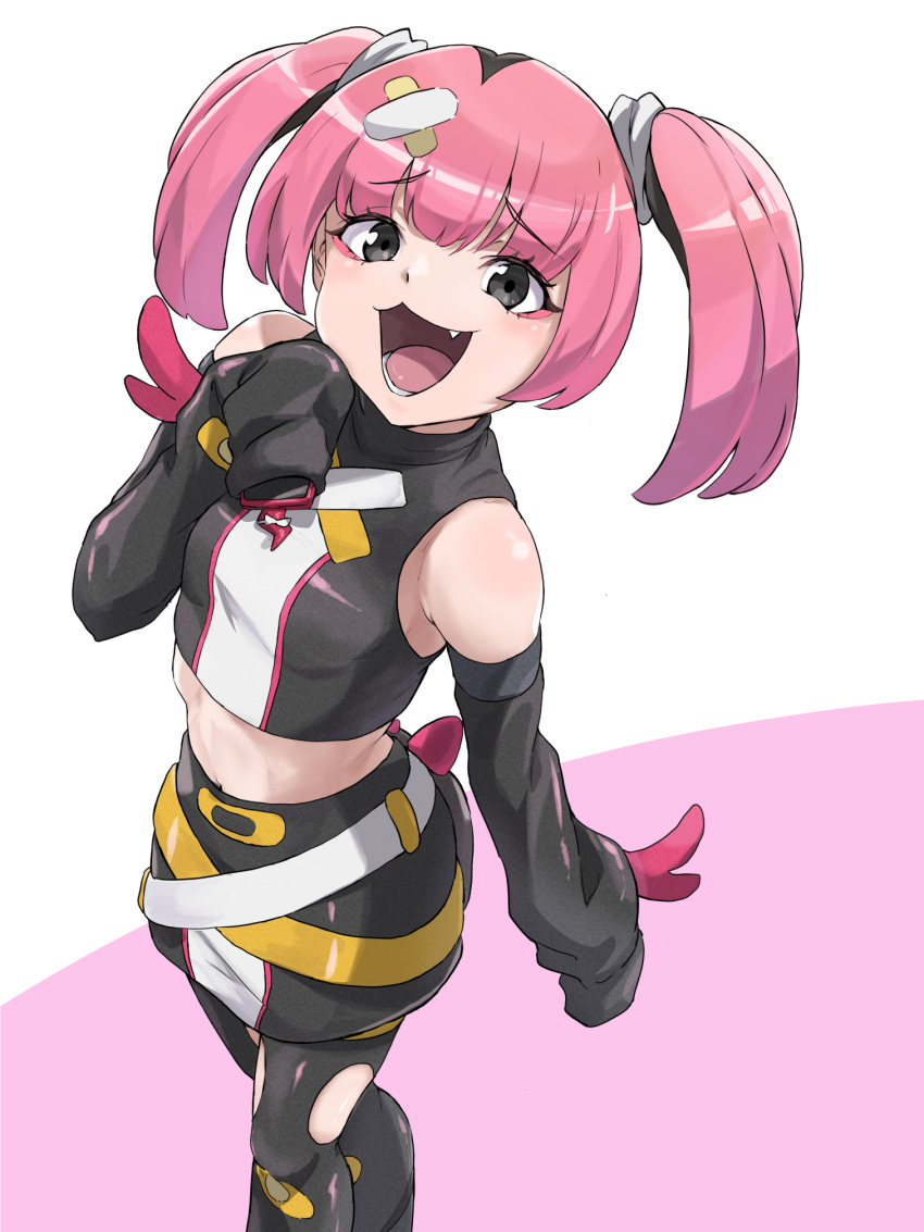1girl, bandaid, bandaid_hair_ornament, black_eyes, black_hair, black_skirt, coral_(pokemon), crop_top