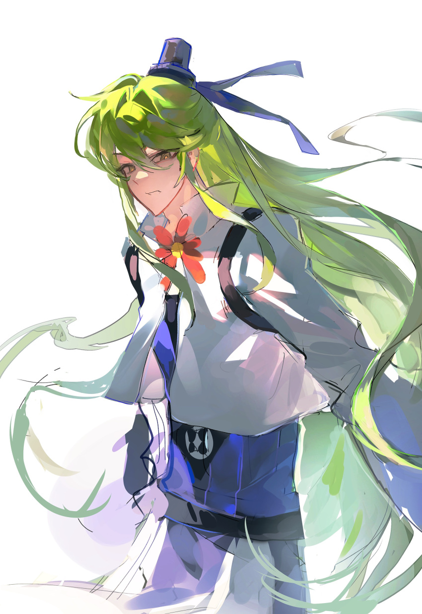 1boy, absurdres, belt, black_belt, blue_hat, blue_shirt, brown_eyes, cowboy_shot, cropped_jacket, dong_fang_wu_qiong, green_hair, hair_between_eyes, hat, highres, jacket, long_hair, long_sleeves, male_focus, open_clothes, open_jacket, orange_pupils, shirt, sidelocks, simple_background, solo, very_long_hair, white_background, white_jacket, wo_jia_dashi_xiong_naozi_you_keng, yfq