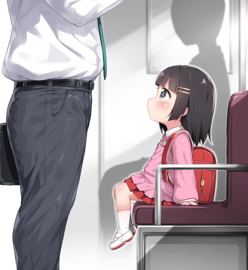 1boy, 1girl, backpack, bag, black_eyes, black_hair, closed_mouth, commentary_request, hair_ornament, hairclip, height_difference, highres, kindergarten_uniform, long_sleeves, medium_hair, miniskirt, original, pink_shirt, pleated_skirt, randoseru, red_bag, red_skirt, shirt, shoes, sitting, skirt, socks, tamase_tama, train_interior, uwabaki, white_socks