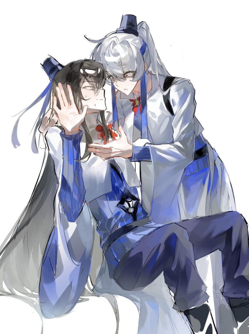 2boys, absurdres, black_boots, black_hair, black_hat, blue_pants, blue_shirt, boots