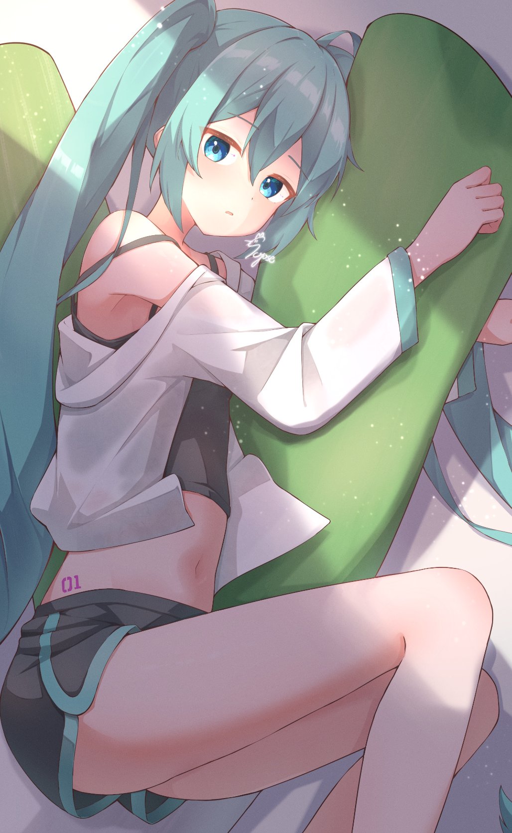 1girl, black_shorts, blue_eyes, blue_hair, blush, closed_mouth, cropped_shirt, food-themed_pillow