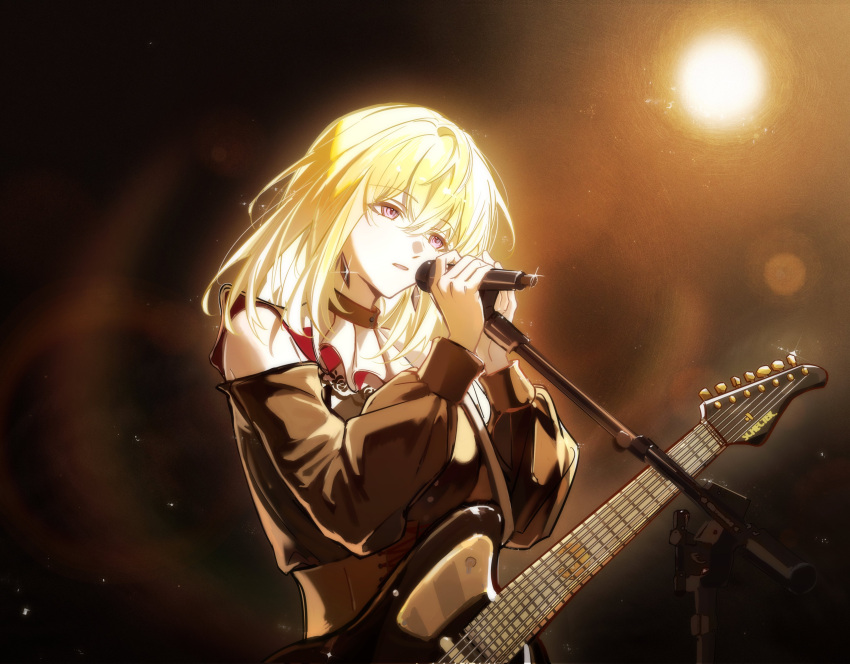 1girl, 7-string_guitar, absurdres, bang_dream!, bang_dream!_it's_mygo!!!!!, black_dress, blonde_hair, clothing_cutout, doloris_(bang_dream!), dress, earrings, electric_guitar, glint, guitar, hair_between_eyes, haiyuan182, highres, holding, holding_microphone, instrument, jewelry, medium_hair, microphone, misumi_uika, open_mouth, photo-referenced, shoulder_cutout, solo, violet_eyes