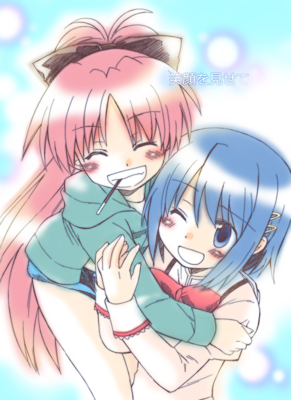 blue_eyes, blue_hair, bow, casual, grin, hair_bow, hair_ornament, hairclip, hug, long_hair, mahou_shoujo_madoka_magica, miki_sayaka, multiple_girls, pocky, ponytail, red_hair, redhead, sakura_kyouko, school_uniform, short_hair, shorts, smile, usami_wataru