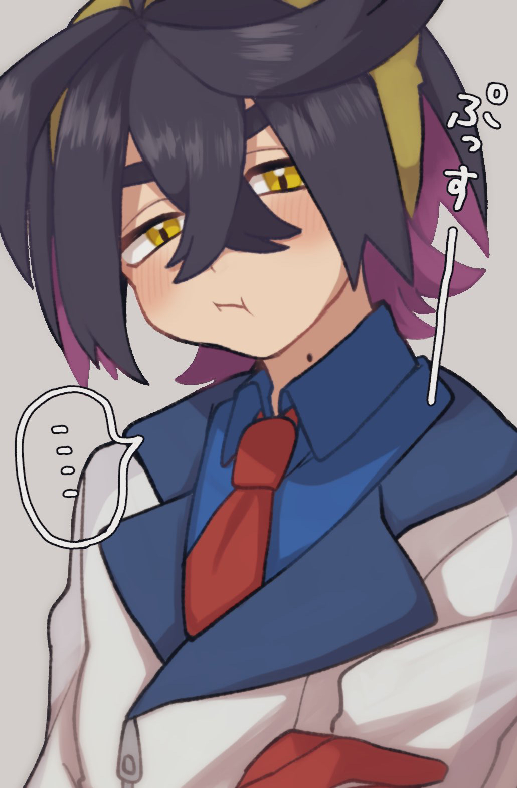..., 1boy, :i, black_hair, blue_shirt, blush, closed_mouth, crossed_bangs, gloves, grey_background, hair_between_eyes, hairband, highres, hykchiba, jacket, kieran_(pokemon), looking_at_viewer, male_focus, mole, mole_on_neck, multicolored_hair, pokemon, pokemon_sv, pout, purple_hair, red_gloves, shirt, simple_background, spoken_ellipsis, upper_body, white_jacket, yellow_eyes, yellow_hairband