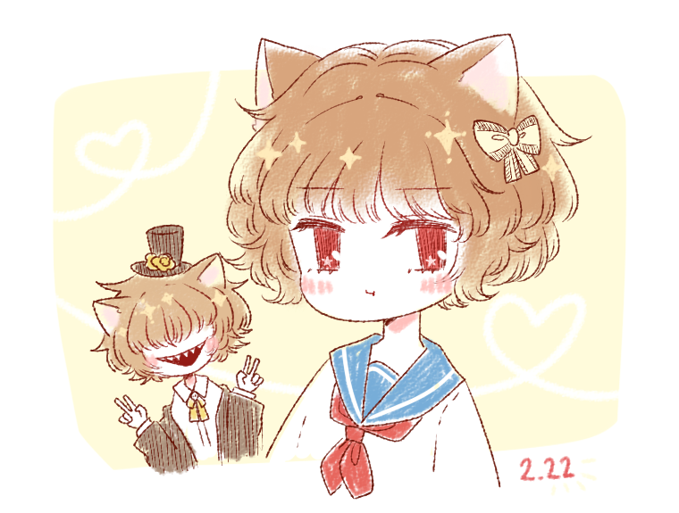 2boys, :t, animal_ears, black_hat, black_jacket, blue_sailor_collar, border, bow