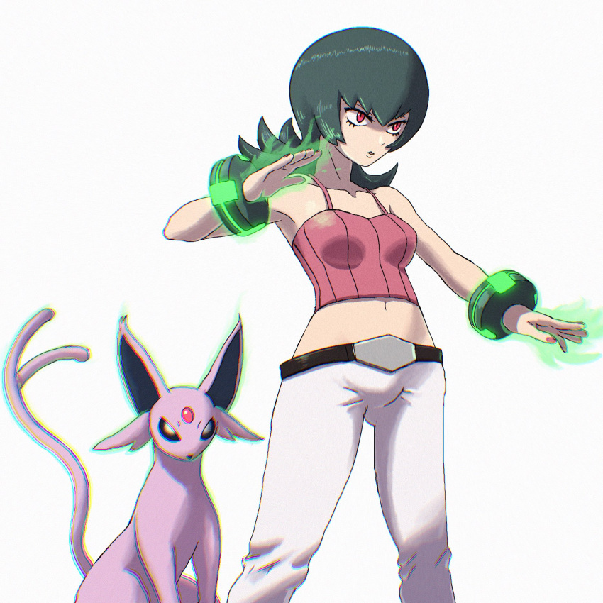 1girl, collarbone, espeon, forehead_jewel, highres, kaeru_boiler, midriff, navel, pants, parted_lips, pink_shirt, pokemon, pokemon_(creature), pokemon_hgss, red_eyes, red_nails, sabrina_(pokemon), shirt, simple_background, standing, white_pants, white_shirt