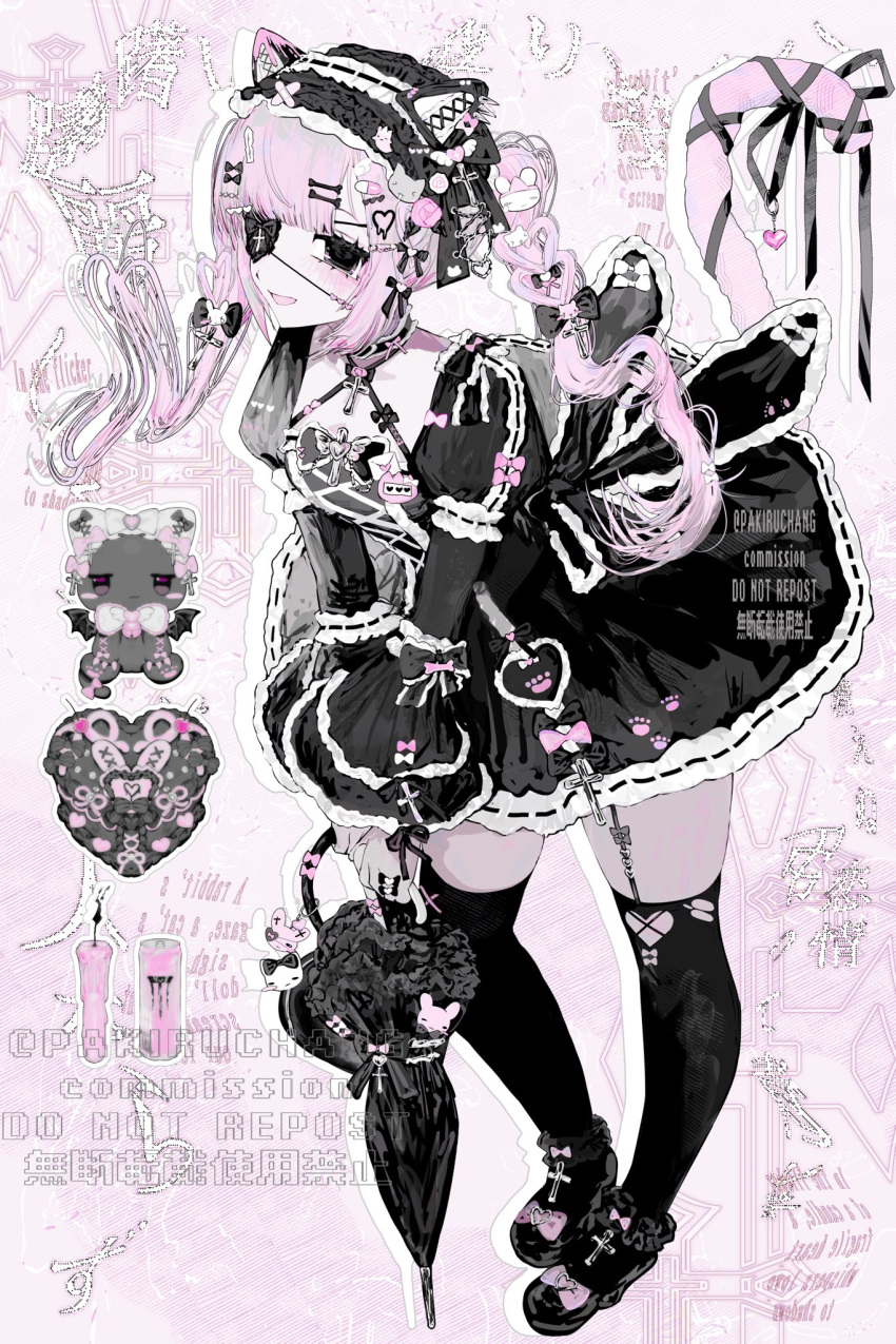 1girl, black_dress, black_shoes, cat_girl, cat_tail, commission, cross, cross_necklace, dress, eyepatch, full_body, gothic_lolita, highres, holding, holding_umbrella, jewelry, lolita_fashion, necklace, open_mouth, original, pakiruchang, pink_hair, shoes, skeb_commission, smile, solo, tail, twintails, umbrella