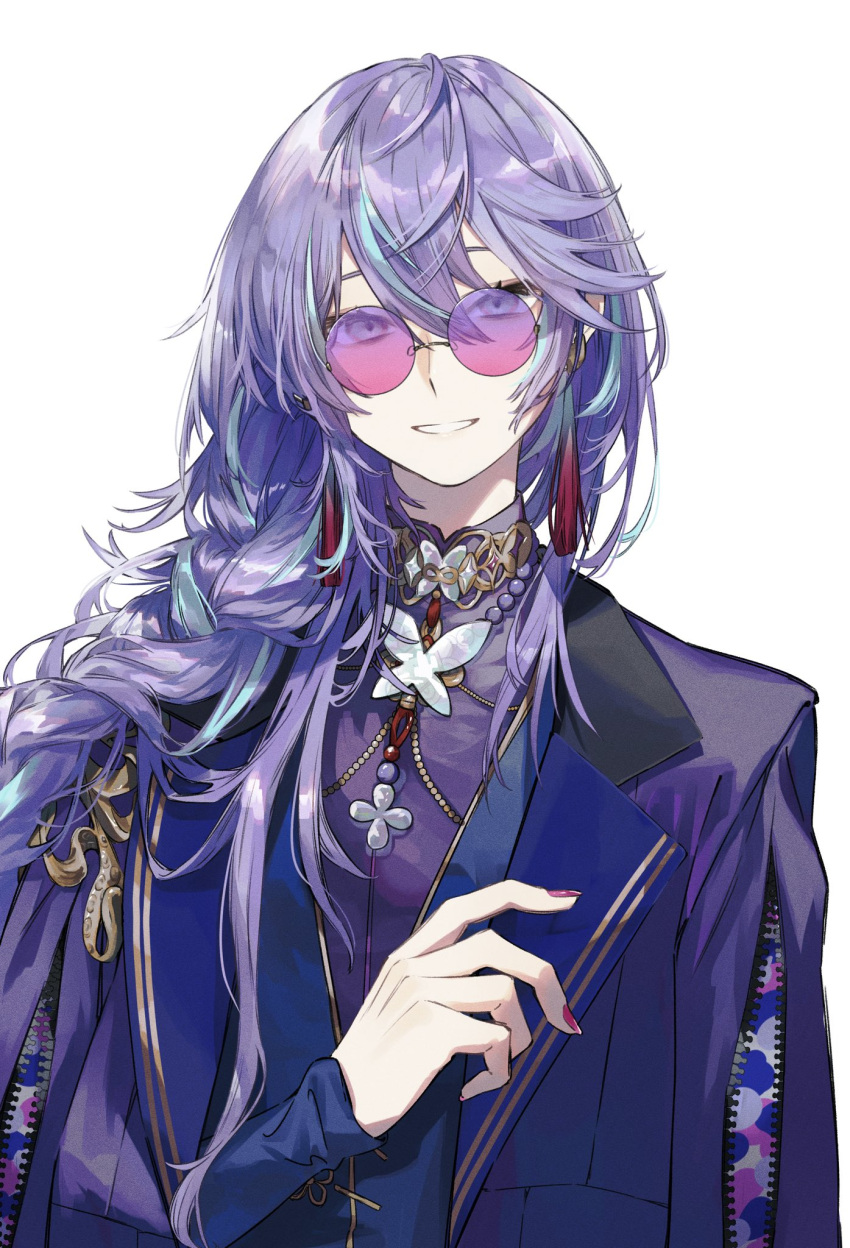 1boy, blue_eyes, blue_hair, braid, collared_shirt, earrings, hair_between_eyes, hair_over_shoulder, highres, hoshirube_sho, jewelry, lapels, long_hair, looking_at_viewer, male_focus, meeen_l9l, multicolored_hair, nail_polish, nijisanji, official_alternate_costume, purple_hair, purple_shirt, shirt, simple_background, single_braid, smile, solo, streaked_hair, tassel, tassel_earrings, tsurime, two-tone_hair, upper_body, virtual_youtuber, white_background