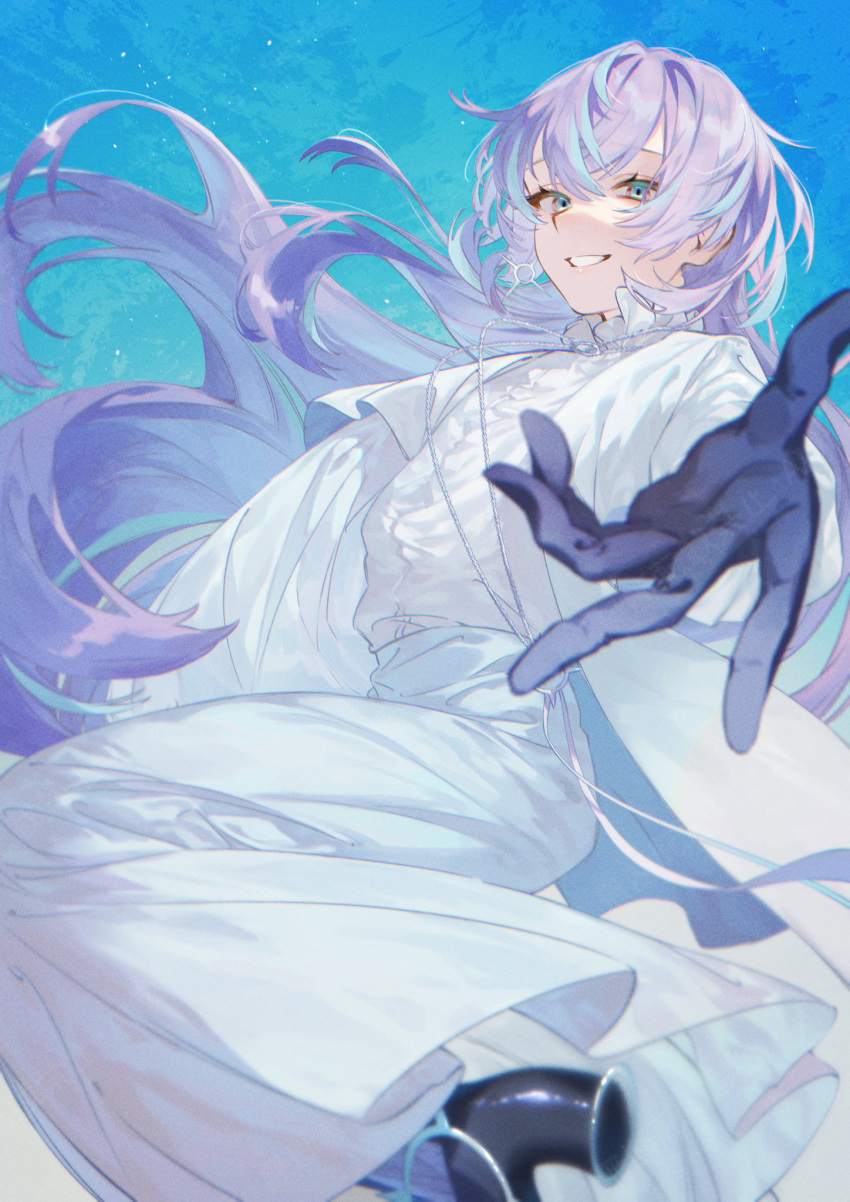 1boy, black_gloves, black_shoes, blue_background, blue_eyes, blue_hair, blurry, coat, collared_shirt, depth_of_field, floating_hair, foreshortening, gloves, grin, highres, hoshirube_sho, long_hair, looking_at_viewer, male_focus, meeen_l9l, multicolored_hair, nijisanji, outstretched_arm, purple_hair, reaching, reaching_towards_viewer, shirt, shoes, skirt, smile, solo, streaked_hair, two-tone_hair, virtual_youtuber, white_coat, white_shirt, white_skirt
