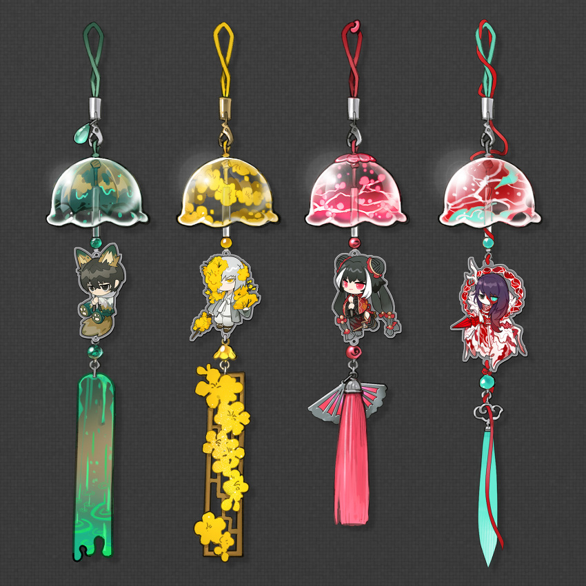 2boys, 2girls, animal_ears, aqua_eyes, black_dress, black_eyes, black_hair, chinese_clothes, commentary_request, dongbaek_(project_moon), double_bun, dress, e.g.o_(project_moon), flaw_eight, flower, fox_boy, fox_ears, fox_tail, grey_hair, grey_hanbok, hair_bun, heterochromia, highres, hong_lu_(project_moon), horns, jia_xichun_(project_moon), limbus_company, long_hair, multiple_boys, multiple_girls, project_moon, purple_hair, smile, spicebush_(e.g.o), sunshower_(e.g.o), tail, tassel, tears_of_the_tarnished_blood_(e.g.o), twintails, umbrella, wide_sleeves, yellow_eyes, yellow_flower, yi_sang_(project_moon)