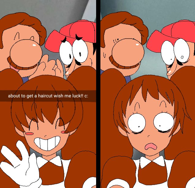 1girl, 2boys, big_nose, blush_stickers, brown_hair, facial_hair, father_and_daughter, gloves, gustavo_(pizza_tower), happy, hat, light_smile, long_nose, margherita_(mosagi), meme, mosagi, multiple_boys, mustache, original, peppino_spaghetti, pizza_tower, selfie, surprised, white_gloves