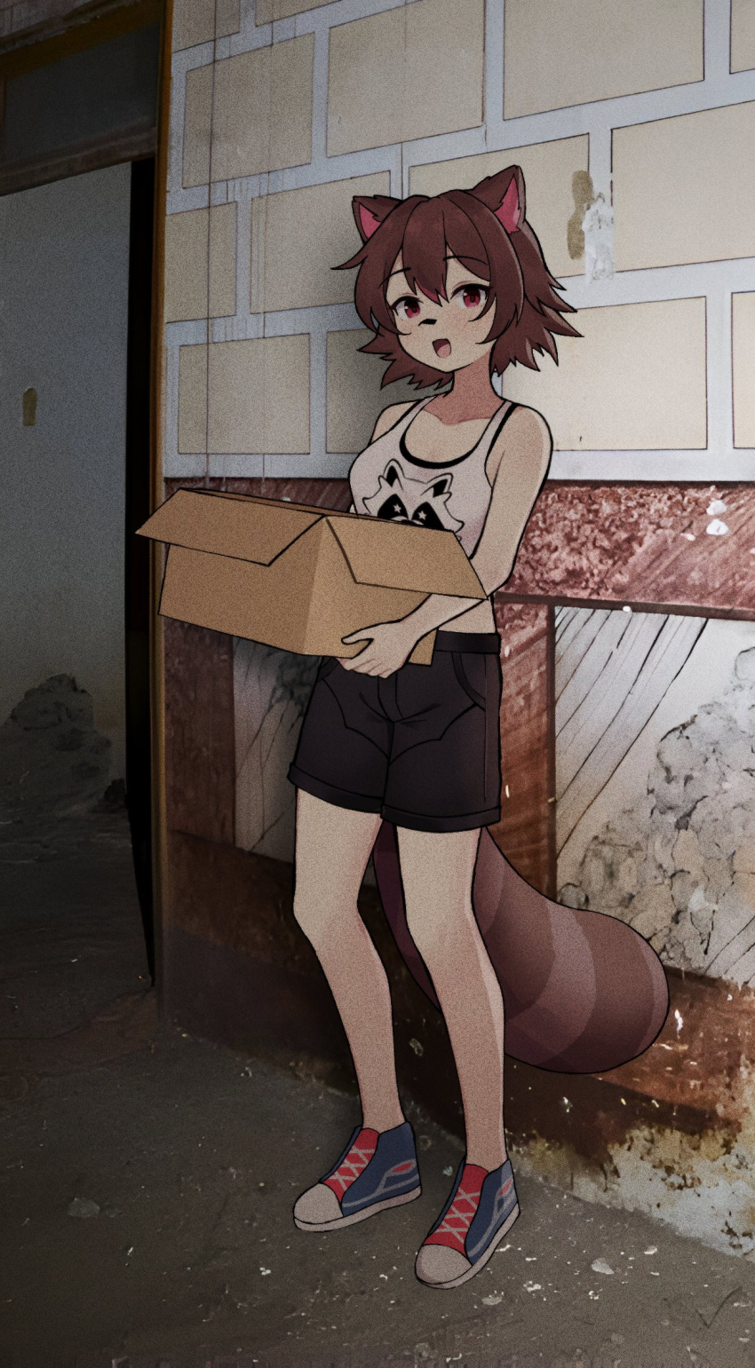 1girl, animal_ears, bandaid, bandaid_on_face, bandaid_on_nose, bare_arms, black_shorts, box