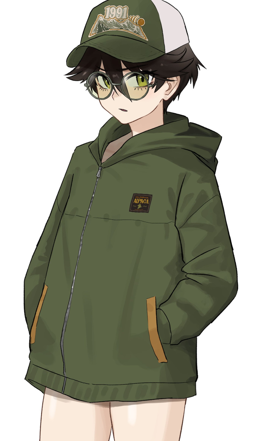 1girl, baseball_cap, commentary, cowboy_shot, english_commentary, glasses, green_eyes, green_hat, hands_in_pockets, hat, highres, hood, hooded_jacket, indie_virtual_youtuber, jacket, kara_wilderwood, looking_at_viewer, open_mouth, reze_(rewindze), round_eyewear, short_hair, simple_background, solo, two-tone_hat, virtual_youtuber, white_background, white_hat