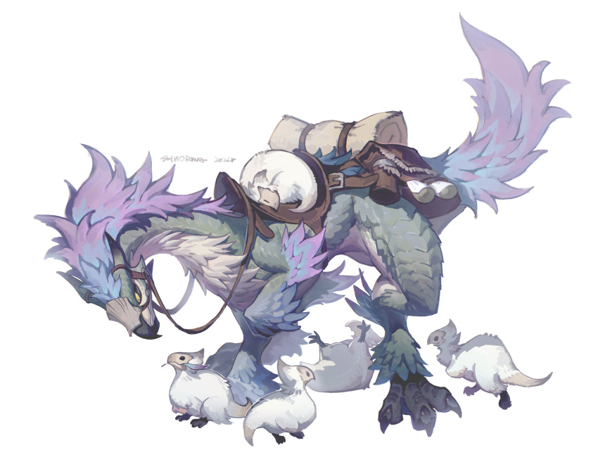 absurdres, animal_focus, artist_name, baby_seikret_(monster_hunter), closed_mouth, commentary, dinosaur, english_commentary, feather_in_mouth, feathered_dinosaur, feathers, full_body, highres, looking_at_another, lying, monster_hunter_(series), monster_hunter_wilds, mouth_hold, no_humans, on_back, saddle, saddlebags, scroll, seikret_(monster_hunter), shiiorina, yellow_eyes