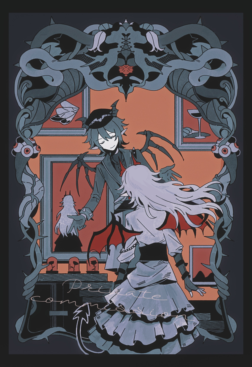 1boy, 1girl, absurdres, border, character_request, closed_mouth, commentary_request, commission
