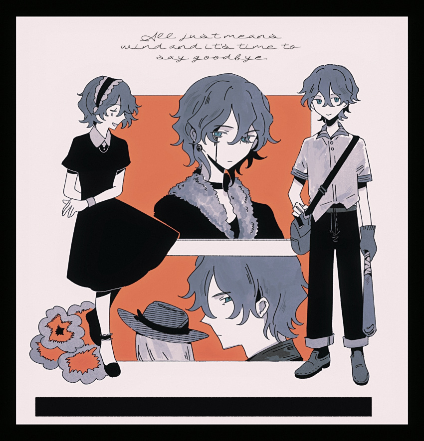 1boy, 1girl, absurdres, aqua_eyes, belt, black_border, black_choker, black_dress, black_jacket, black_pants, black_shoes, black_socks, border, chinese_commentary, choker, closed_eyes, closed_mouth, collared_dress, commentary_request, crossdressing, dress, earrings, english_text, flower, fur-trimmed_jacket, fur_trim, gloves, grey_bag, grey_belt, grey_gloves, grey_hair, grey_hat, grey_shoes, hair_between_eyes, hairband, hat, highres, jacket, jewelry, lifop, lolita_hairband, open_mouth, original, pants, shirt, shoes, short_hair, short_sleeves, smile, socks, white_shirt