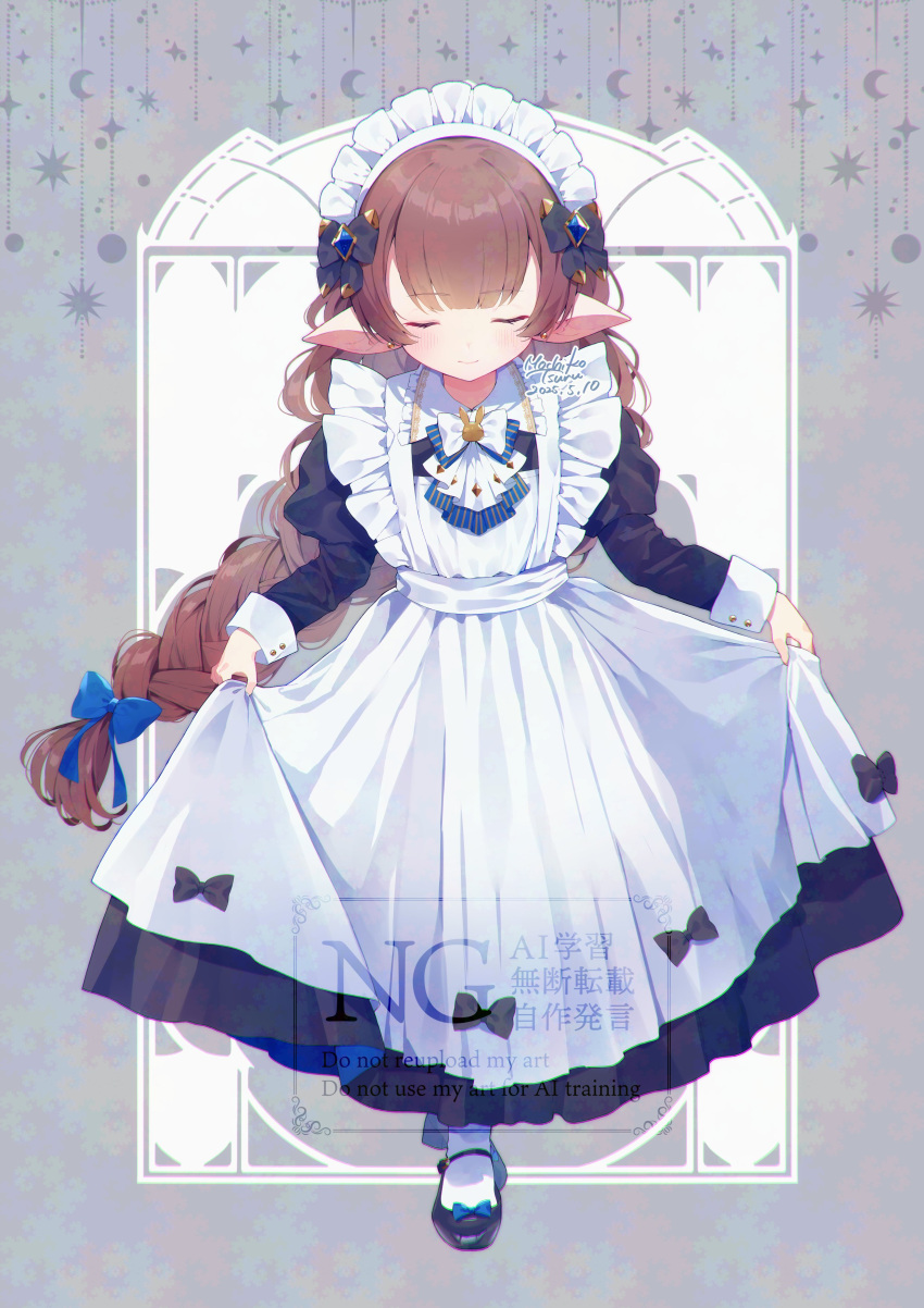 1girl, absurdres, artist_name, braid, braided_ponytail, brown_hair, closed_eyes, curtsey