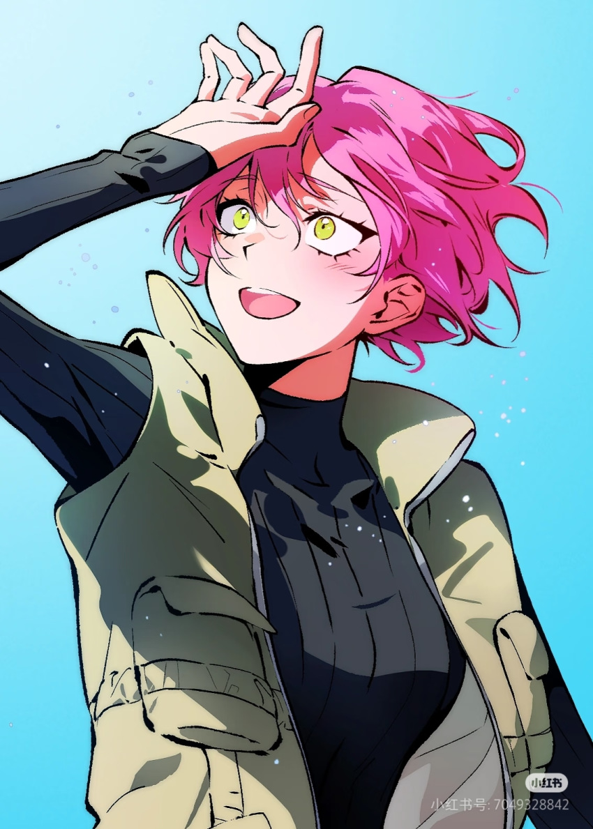 1girl, alien_stage, black_shirt, commentary, english_commentary, green_vest, half_updo, hand_up, highres, jiaoshui98161, looking_up, mizi_(alien_stage), open_mouth, pink_hair, shirt, short_hair, sleeves_past_wrists, smile, turtleneck, turtleneck_shirt, very_short_hair, vest, watermark, xiaohongshu_id, xiaohongshu_watermark, yellow_eyes
