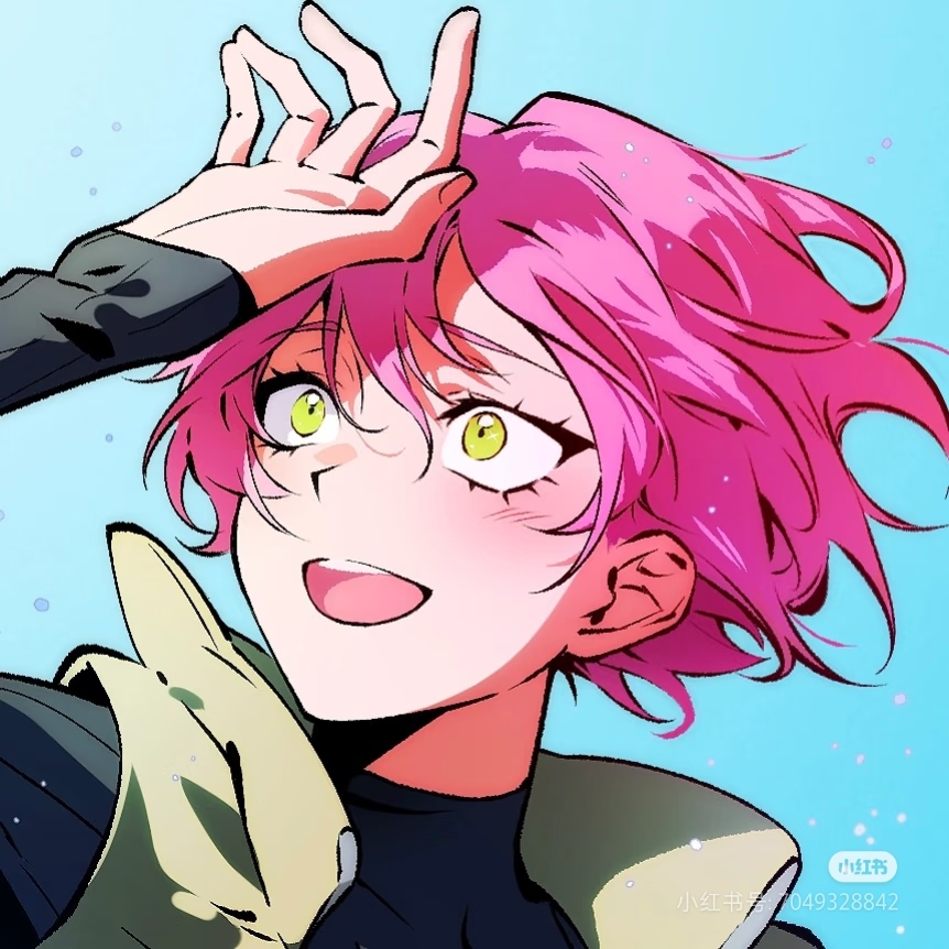 1girl, alien_stage, black_shirt, commentary, english_commentary, green_vest, half_updo, hand_up, jiaoshui98161, looking_up, mizi_(alien_stage), open_mouth, pink_hair, portrait, shirt, short_hair, sleeves_past_wrists, smile, turtleneck, turtleneck_shirt, very_short_hair, vest, watermark, xiaohongshu_id, xiaohongshu_watermark, yellow_eyes
