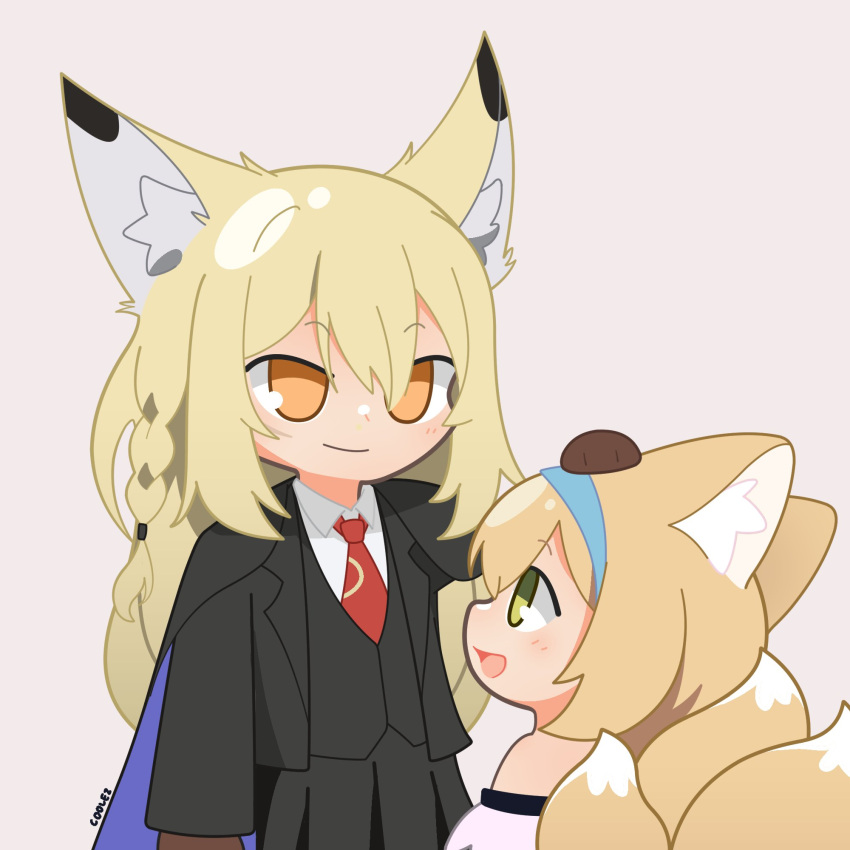 2girls, animal_ear_fluff, animal_ears, arknights, black_jacket, black_vest, blonde_hair, blue_hairband